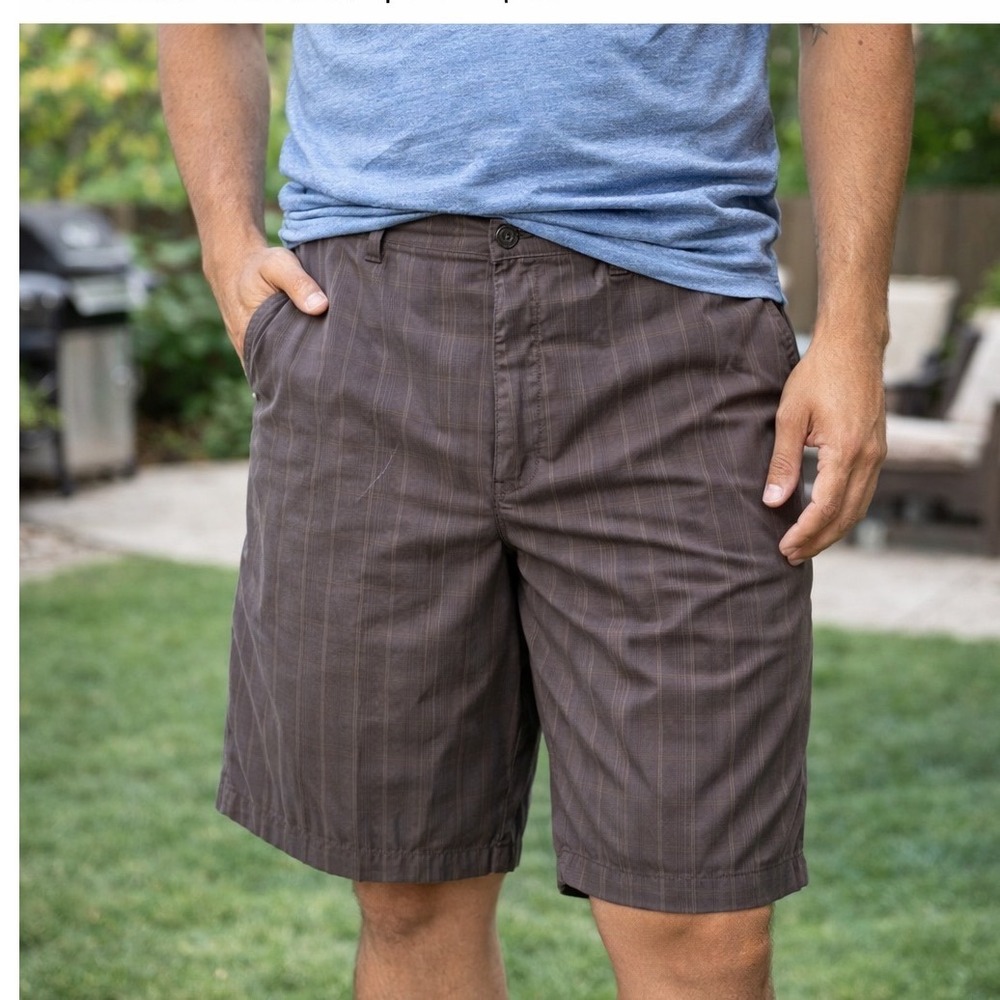 The Foundry Supply Co Mens Big & Tall 46 Shorts Brown Striped Cotton Flat Front
